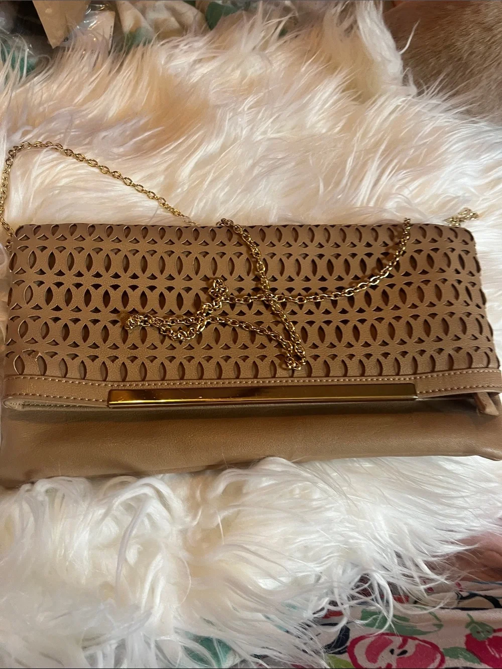 Tan Laser-Cut Foldover Clutch with Gold Chain